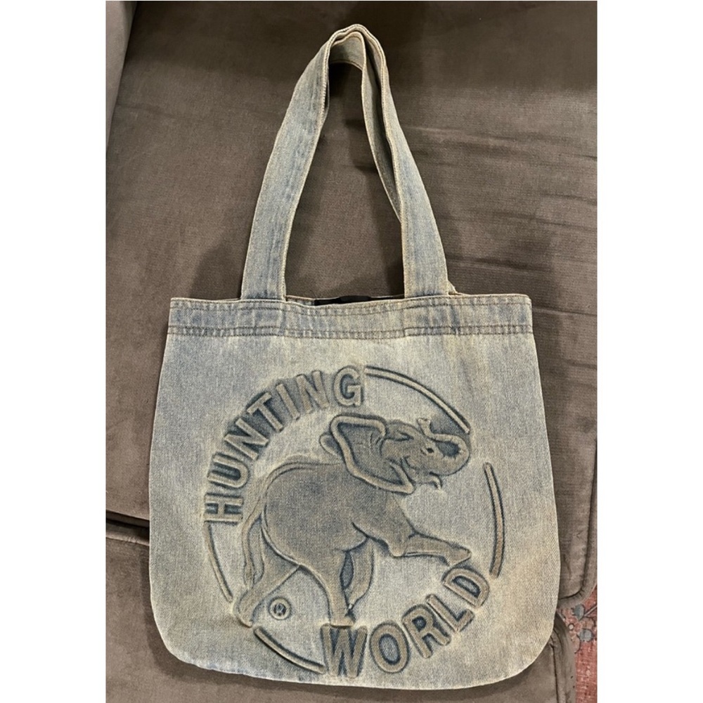 HUNTING WORLD Designer Logo Elephant Denim Shopper Tote Bag